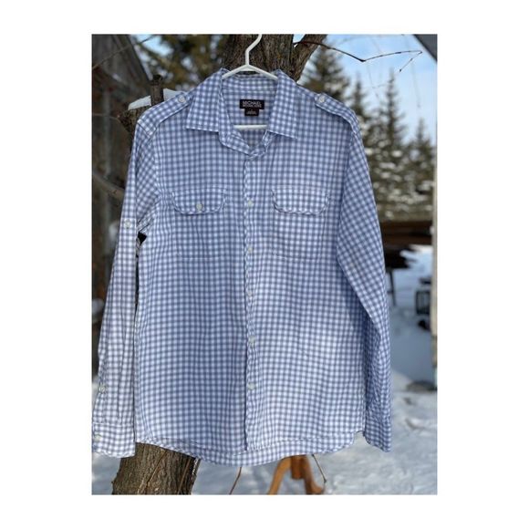 Michael Michael Kors Blue Plaid Button Up Shirt Roll Tab Sleeves Epaulets Sz L - Picture 1 of 6